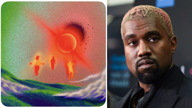 The “Donda” album cover, left, and artist Kanye West in 2018. (Photo by Evan Agostini/Invision/AP)