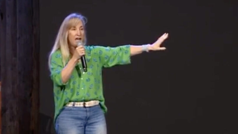Sarah Berger, wife of Grace Chapel founder Steve Berger, speaks during a contentious service Sunday morning, Aug. 29, 2021, at Grace Chapel in Franklin, Tennessee. Video screengrab