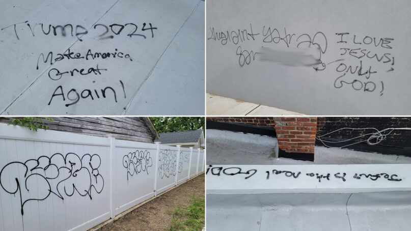 A variety of the graffiti discovered Tuesday, Aug. 3, 2021, at the gurdwara construction site of Darbar Sri Guru Granth Sahib Ji New York in New Hyde Park, New York. Photos courtesy of Darbar Sri Guru Granth Sahib Ji New York. Top right image blurred by RNS