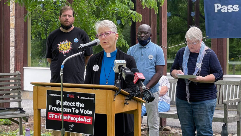 The Rev. Donna Dolham speaks during a news conference at the Allen Avenue Unitarian Universalist Church,  Aug. 10, 2021, in Portland, Maine. RNS photo by Jack Jenkins