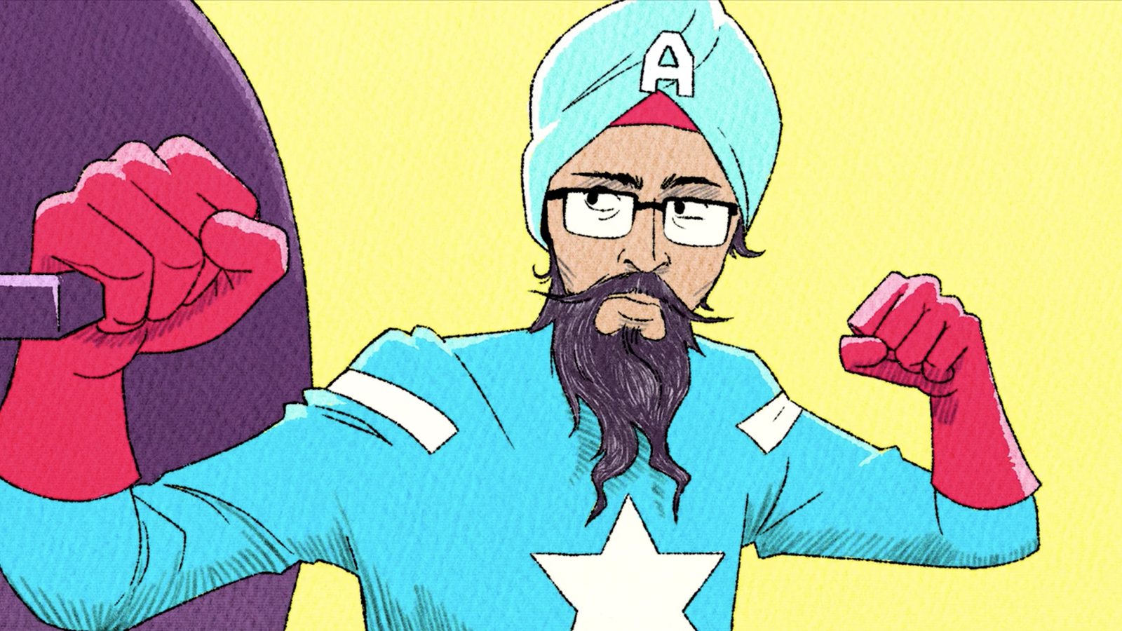 A still from “American Sikh” depicting Vishavjit Singh as his Captain America persona. Image via Kickstarter