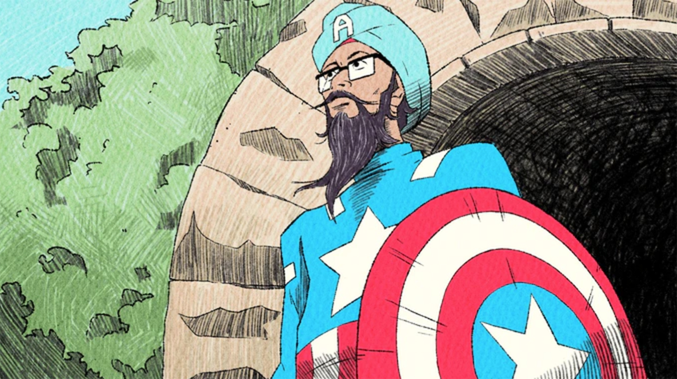 A still from “American Sikh” depicting Vishavjit Singh as his Captain America persona. Courtesy image