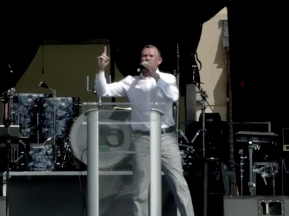 Pastor Greg Locke addresses the Bards Fest crowd in St. Louis. Video screengrab