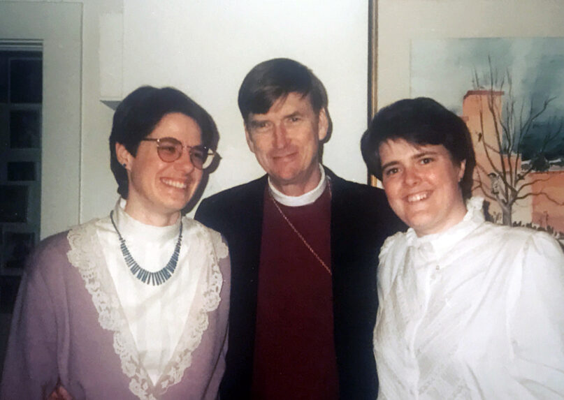 Bishop John Shelby Spong, center, at the 1988 wedding he officiated between Becky Walker and the Rev. Cynthia Black. Photo courtesy of Cynthia Black