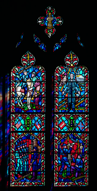 For over a century, the Washington National Cathedral has played a prominent role in the nation’s spiritual and political life. In 2017, the Cathedral removed stained-glass windows depicting Confederate generals Robert E. Lee and Stonewall Jackson that had been installed in 1953. The decision by the Cathedral chapter was prompted by the massacre at Emanuel AME Church in Charleston, South Carolina, and the Unite the Right rally in Charlottesville, Virginia, events that drew national attention to the embrace of Confederate symbols by white supremacists. The United Daughters of the Confederacy paid for this stained- glass window honoring Gen. Robert E. Lee, along with a plaque describing him as “a Christian soldier without fear and without reproach.” The Lee window was installed in 1953 next to another dedicated to Gen. Stonewall Jackson. The upper left panel depicts the two men at the Battle of Chancellorsville, a Confederate victory in the Civil War. Photo by Ken Cobb/© Washington National Cathedral