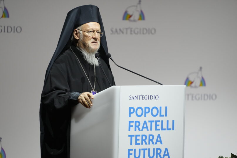 FILE - In this Oct. 6, 2021 file photo, Ecumenical Patriarch of Constantinople Bartholomew I delivers his speech at the interreligious meeting 'Brother peoples, future land