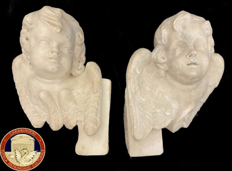Two marble statues of angels are seen in this undated image. A British art collector who bought a pair of 17th century marble angels from a Neapolitan antiques shop two decades ago and had them at his French home has returned the “putti” to Italy’s art police after learning that they had been stolen from a church. In a statement released Tuesday Oct. 19, 2021 Italy’s carabinieri art police said the unnamed collector had tried to resell the angels at an antiques shop in Avignon, France ahead of his planned move from France to Portugal when French art police identified them as possible stolen goods. (Carabinieri for the Protection of Cultural Heritage via AP)