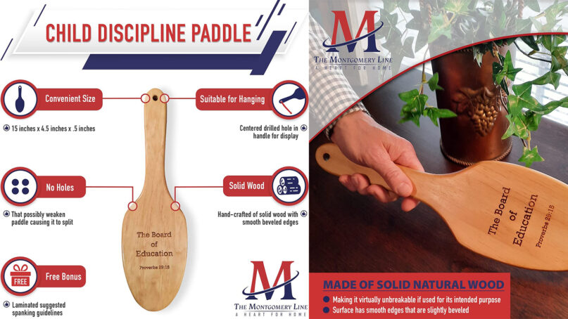 Sales page images for The Montgomery Line wooden child discipline paddle. Images via Amazon.com
