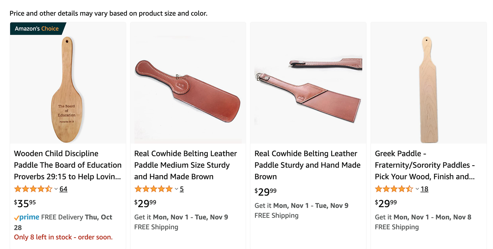 The Montgomery Line wooden child discipline paddle, left, with the Amazon's Choice designation. Screengrab