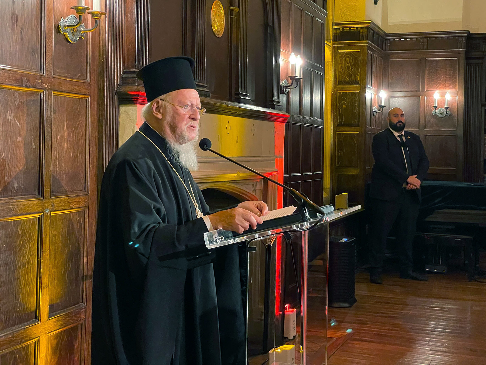 Ecumenical Patriarch Bartholomew I speaks at Georgetown University, Monday, Oct. 25, 2021, in Washington, D.C. RNS photo by Jack Jenkins