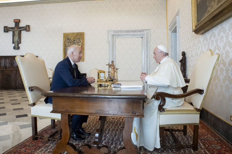President Joe Biden, left, talks with Pope Francis as they meet at the Vatican, Friday, Oct. 29, 2021. The world's two most notable Roman Catholics planned to discuss the COVID-19 pandemic, climate change and poverty. Photo by Vatican Media