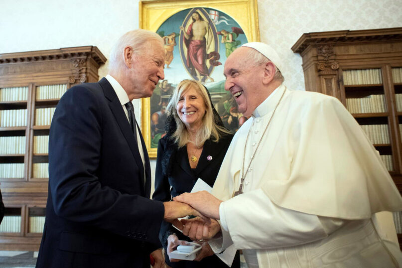 President Joe Biden, left, shakes hands with Pope Francis as they meet at the Vatican, Friday, Oct. 29, 2021. Photo by Vatican Media