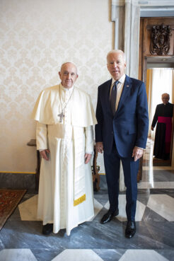President Joe Biden, right, poses with Pope Francis as they meet at the Vatican, Friday, Oct. 29, 2021. Photo courtesy of Vatican Media