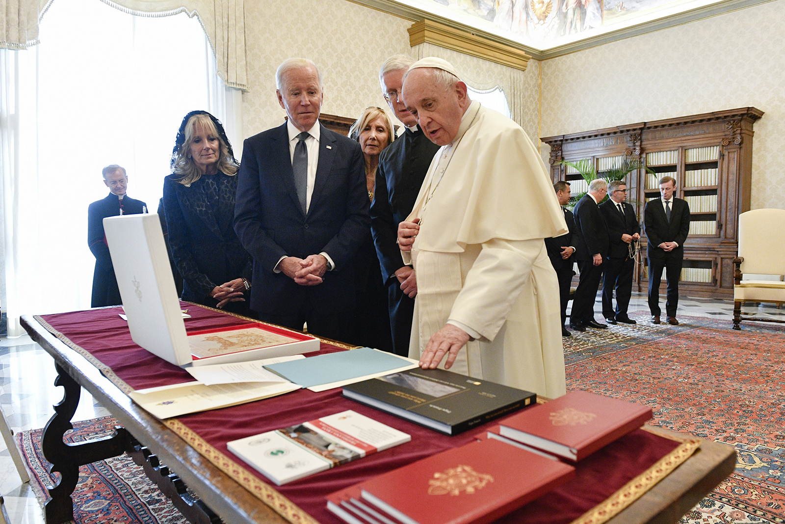 President Joe Biden and first lady Jill Biden exchange gifts with Pope Francis as they meet at the Vatican, Friday, Oct. 29, 2021. Photo by Vatican Media
