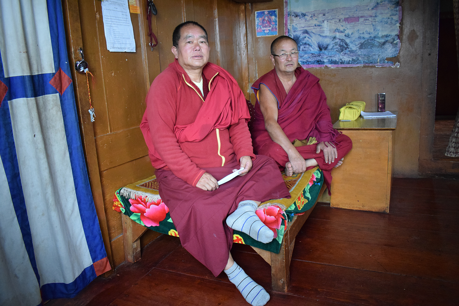 Buddhist monks Lama Jhampa Jha, left, and Lama Lopsang Phontso of the Save Mon Region Federation at the Tawang Monastery in Arunachal Pradesh, India. RNS photo by Priyadarshini Sen