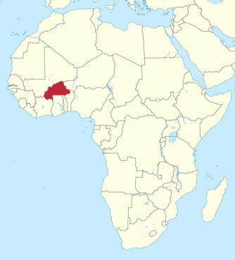Burkina Faso, red, in western Africa. Map courtesy of Creative Commons