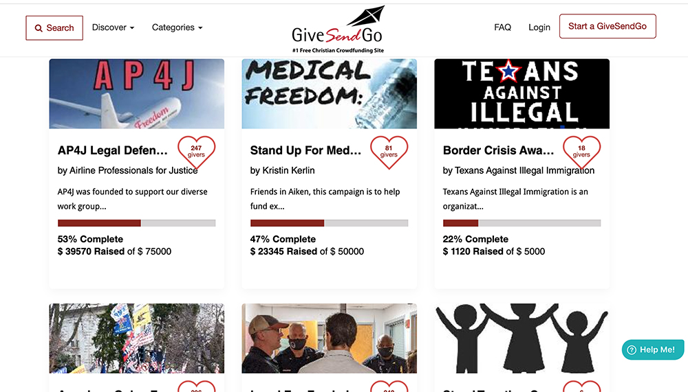 Screengrab of campaigns in the GiveSendGo.com community category on Oct. 18, 2021. Screengrab
