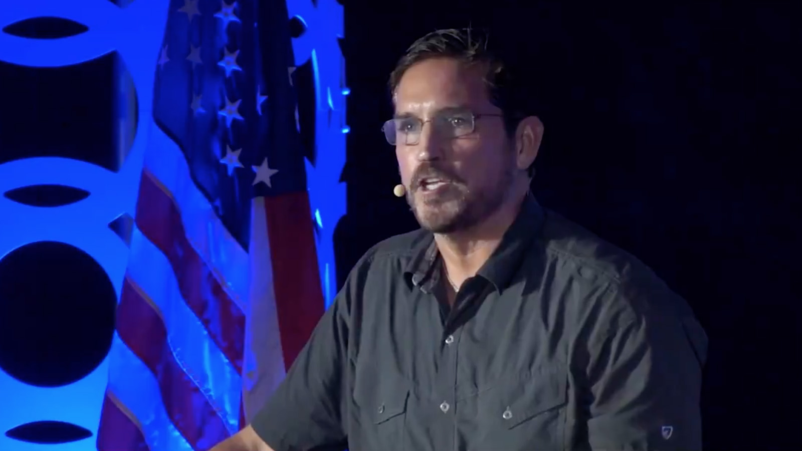 Jim Caviezel speaks at the “For God & Country: Patriot Double Down” conference in Las Vegas. Video screen grab