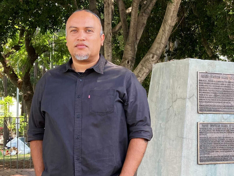 Joel Garcia, who is of indigenous Huichol background, created an augmented reality monument to memorialize Indigenous concepts of time and to highlight the connection between the roots, earth and sky, he said. RNS photo by Alejandra Molina