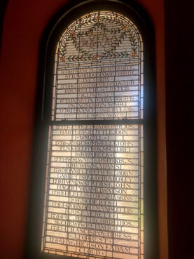 A stained glass window of pastors at Lovely Lane United Methodist Church in Baltimore, beginning with Francis Asbury in 1773. Photo courtesy of Lovely Lane UMC