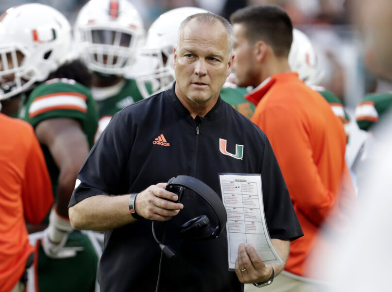 In this Oct. 6, 2018, file photo, Miami head coach Mark Richt paces the sideline during the second half of an NCAA college football game against Florida State in Miami Gardens, Florida. (AP Photo/Lynne Sladky, File)