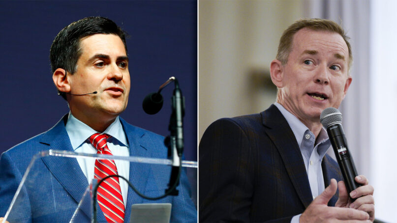 Russell Moore in 2019, left, and Mike Stone in 2021. (Moore: Butch Dill/RNS; Stone: Adam Covington/Baptist Press)