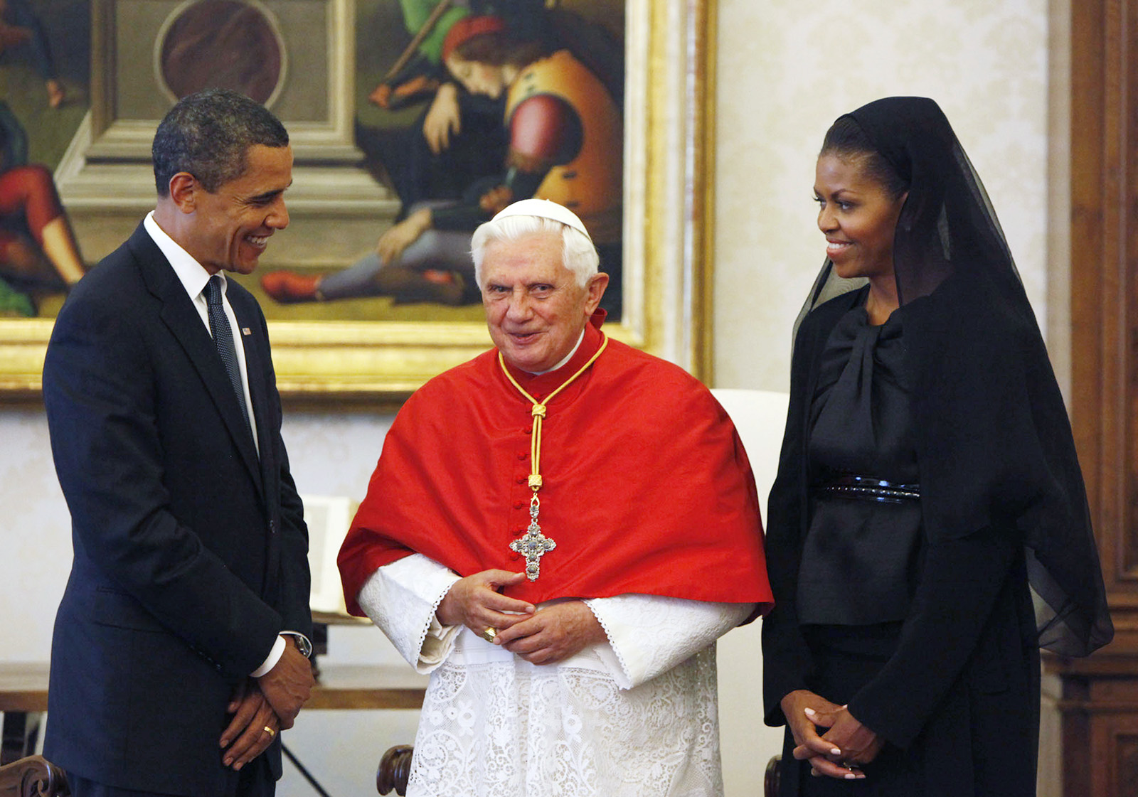 President Barack Obama and first lady Michelle Obama meet with Pope Benedict XVI, at the Vatican, July 10, 2009. (AP Photo/Haraz N. Ghanbari, file)