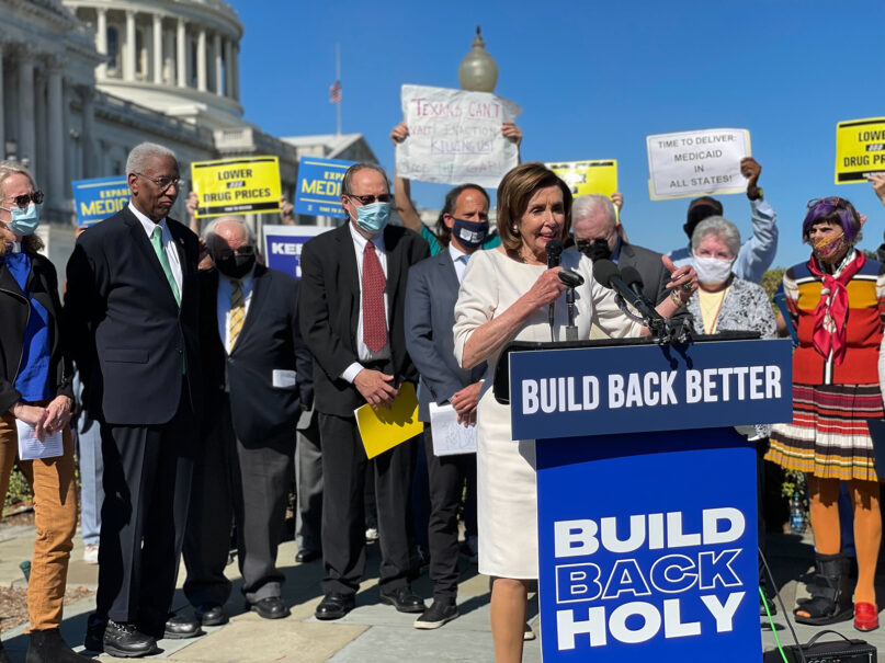 House Speaker Nancy Pelosi speaks during a news conference about faith-rooted support for President Joe Biden’s “Build Back Better” agenda, Oct. 20, 2021, outside the Capitol in Washington, D.C. RNS photo by Jack Jenkins
