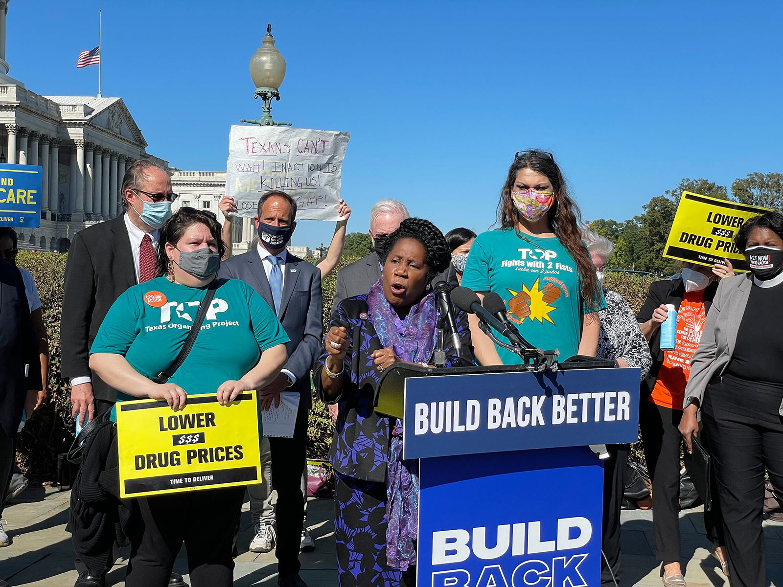 Rep. Sheila Jackson Lee of Texas speaks during a news conference about faith-rooted support for Biden’s “Build Back Better” agenda, Wednesday, Oct. 20, 2021, outside the Capitol building in Washington, D.C. RNS photo by Jack Jenkins