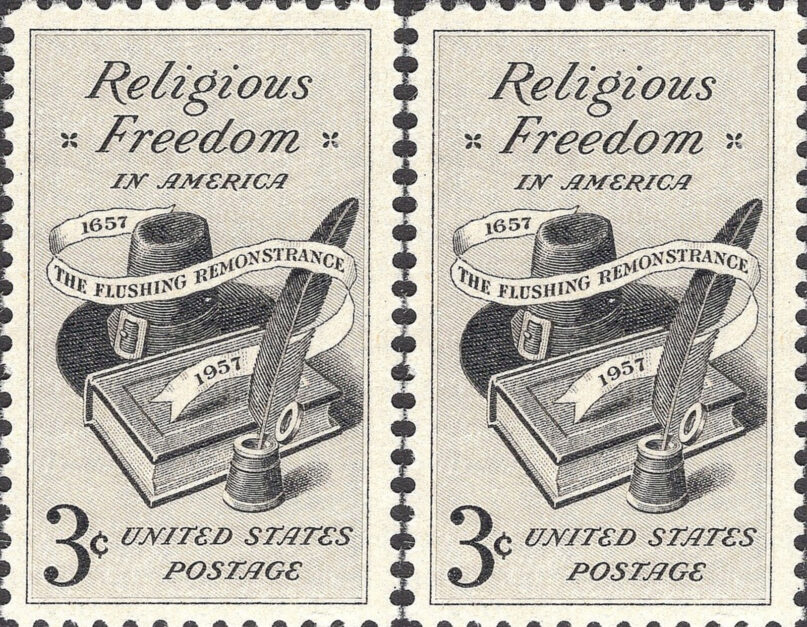 1957 U.S. postage stamps commemorating religious freedom and the Flushing Remonstrance of 1657. Image courtesy of Creative Commons