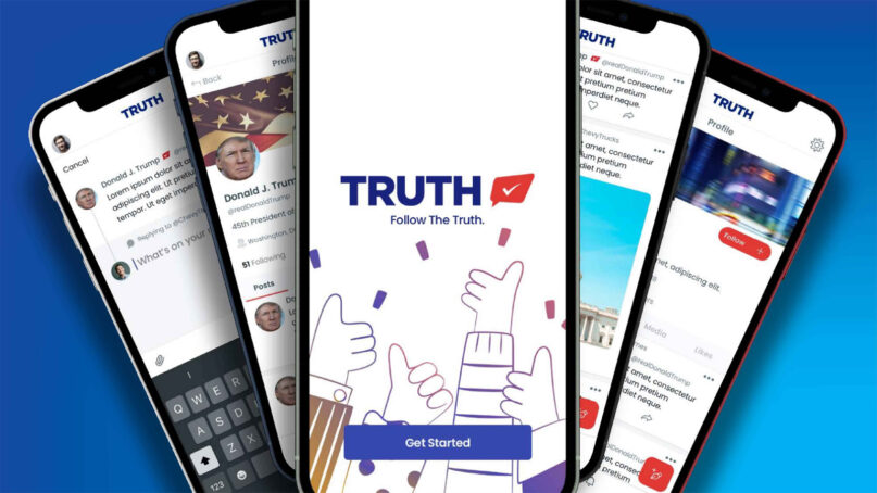 Promotional images for the new TRUTH Social app. Image via TMTG