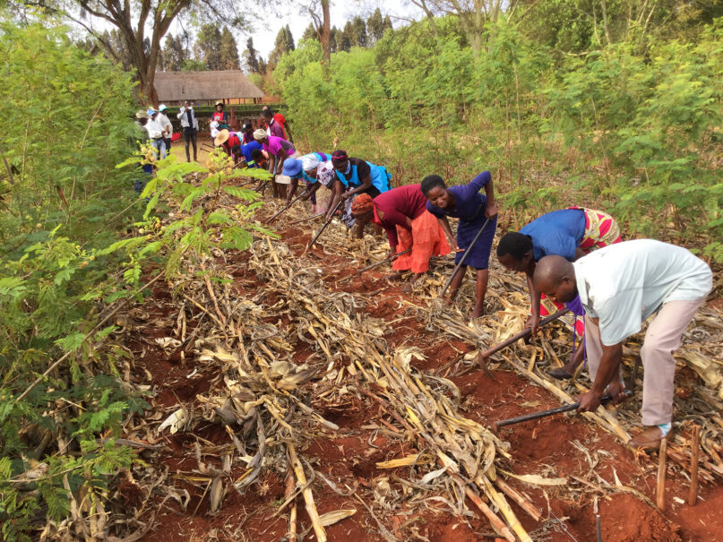 Foundations for Farming trainees practice digging planting stations during a workshop at the Zimbabwe Stewardship Centre in Harare, Zimbabwe, in October 2020. Photo courtesy of Foundations for Farming