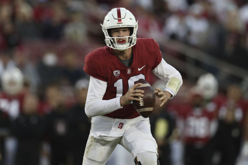 FILE - Stanford's Tanner McKee looks to pass against California during the first half of an NCAA college football game in Stanford, Calif., on Nov. 20, 2021. Stanford has embraced bringing in players such as McKee after their two-year Mormon missions, valuing their life experience. (AP Photo/Jed Jacobsohn, File)
