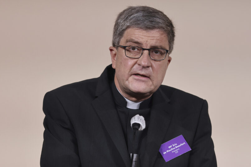 FILE - In this Oct.5, 2021 file poto, Catholic Bishop Eric de Moulins-Beaufort, president of the Bishops' Conference of France (CEF), speaks during the publishing of a report by an independant commission into sexual abuse by church officials (Ciase) in Paris. Monsignor Eric de Moulins-Beaufort was received by the Interior Minister Gerald Darmanin Tuesday Oct.12, 2021 after Moulins-Beaufort said last week that secrets shared in the confessional are above the law, as the country reels from new revelations of large-scale child sex abuse within the Catholic Church. (Thomas Coex, Pool via AP, File)