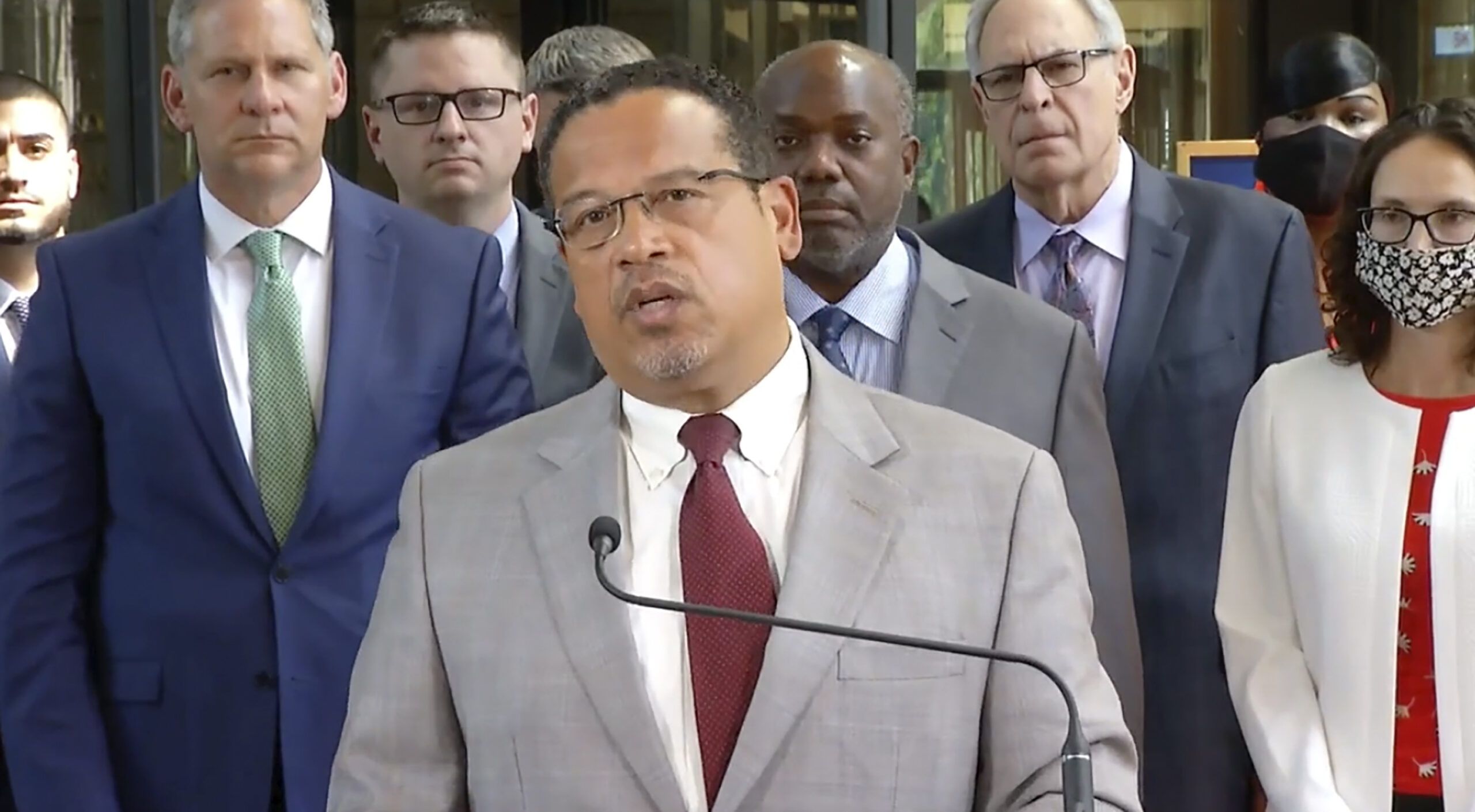 FILE - In this image taken from video, Minnesota Attorney General Keith Ellison speaks to the media Friday, June 25, 2021, at the Hennepin County Courthouse in Minneapolis. Democratic Minnesota Attorney General Keith Ellison, who led the prosecution team that won the conviction of ex-officer Derek Chauvin in the death of George Floyd, announced Monday, Nov. 15, 2021, he will seek a second term. (Court TV via AP, Pool File)