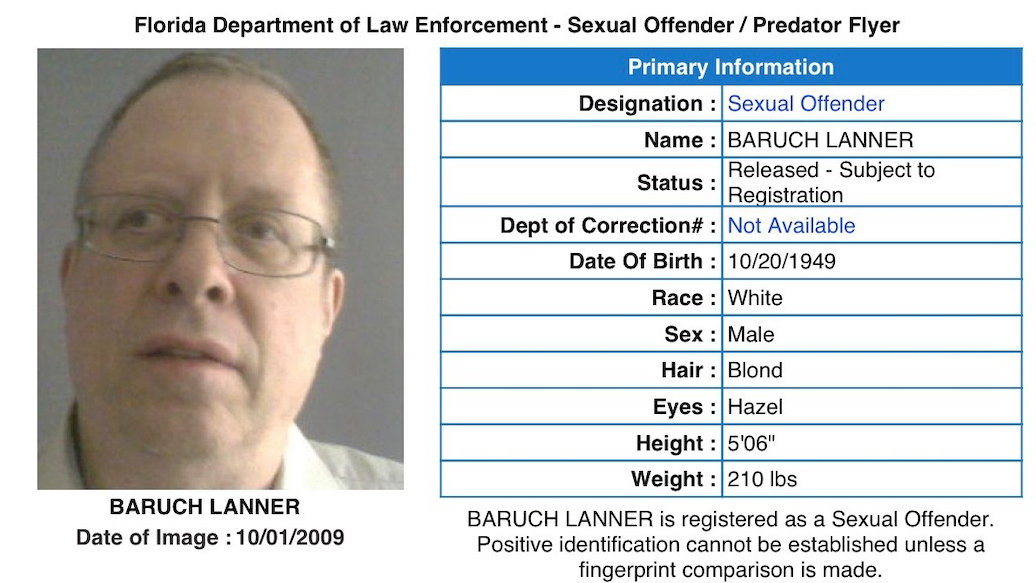 The Florida Department of Law Enforcement Sex Offender/Predator Flyer for Baruch Lanner. Screengrab