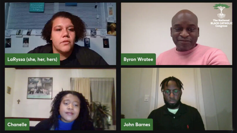 LaRyssa Herrington, clockwise from top left, Byron Wratee, John Barnes and Chanelle participate in a virtual series titled, “Black Catholics and the Millennial Gap