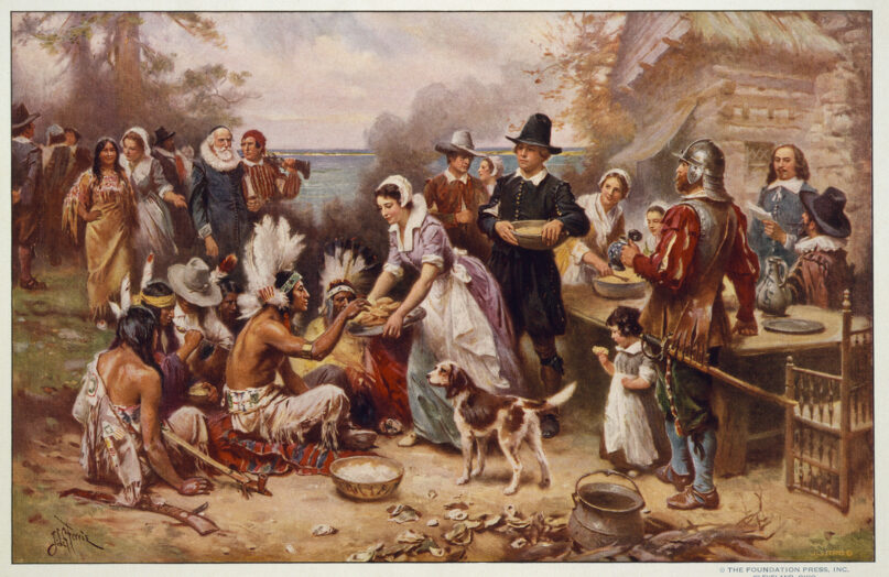 A depiction of the first Thanksgiving in 1621. Image by J.L.G. Ferris/LOC/Creative Commons