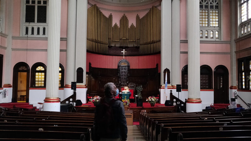 Barry Judelman looks around Mount Morris Ascension Presbyterian Church, a stop on the Jewish Harlem Walking Tour, while leading it on Nov. 2, 2021, in the Harlem neighborhood of New York City. RNS photo by Nidhi Upadhyaya