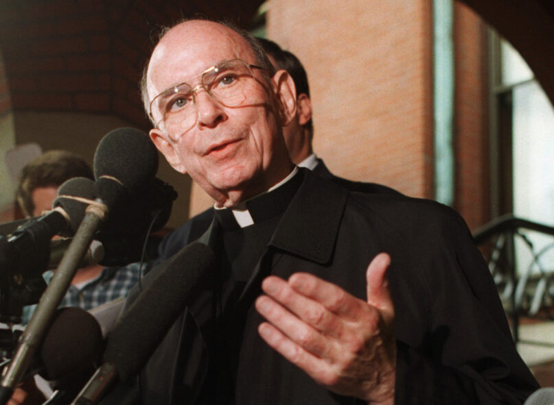 In this Sept. 23, 1996, file photo, Cardinal Joseph Bernardin speaks with reporters on the steps of his Chicago residence just before his departure for Rome to meet with St. John Paul II. (AP Photo/Peter Barreras, File)