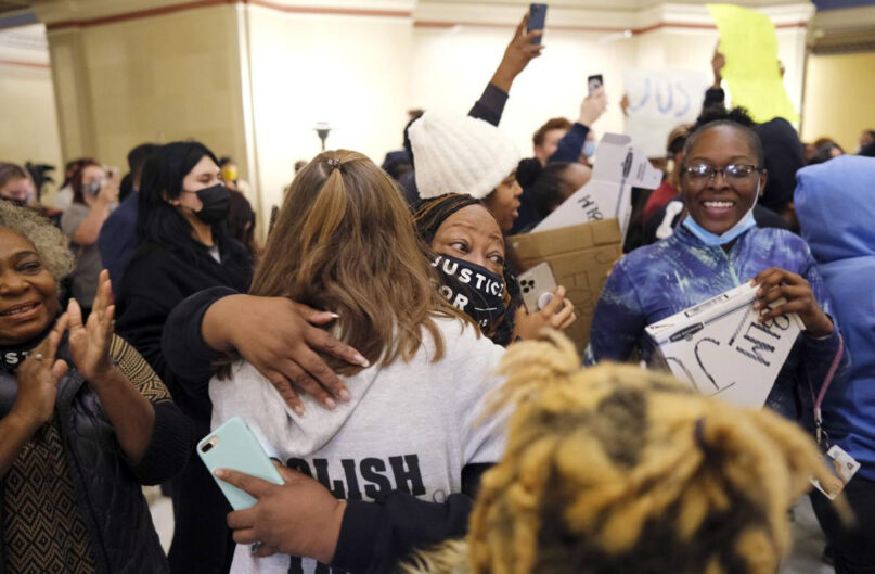 Julius Jones supporters react at the announcement that Gov. Kevin Stitt has commuted the sentence of Jones, on the second floor of the Capitol, Thursday, Nov. 18, 2021 in Oklahoma City. Stitt announced his decision on Thursday to commute Jones' sentence to life in prison with no chance of parole. The state’s Pardon and Parole Board had recommended that Stitt commute Jones’ sentence. (Doug Hoke/The Oklahoman)