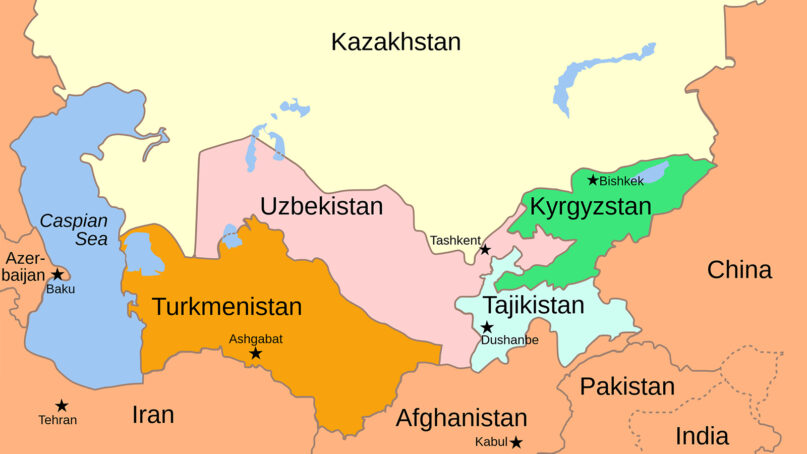 Kyrgyzstan, right, is located in central Asia. Map courtesy of Creative Commons