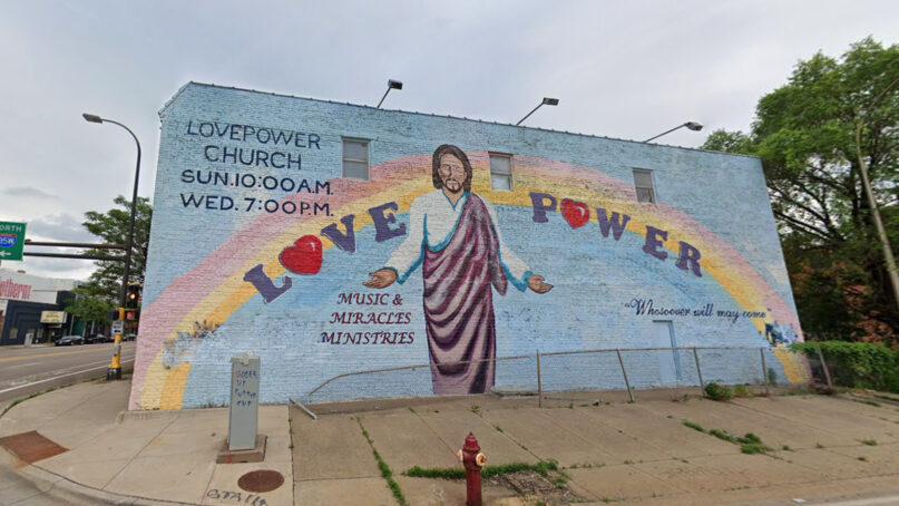 The Love Power Jesus mural is a well-known landmark in Minneapolis. Image courtesy of Google Maps