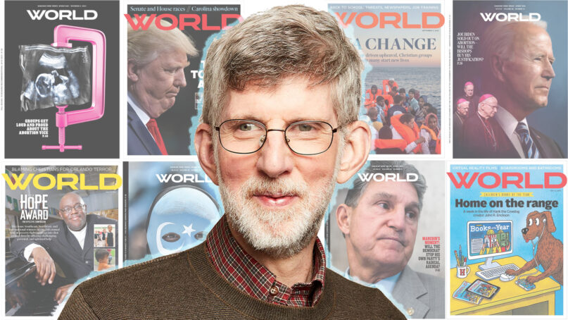 World Magazine editor-in-chief Marvin Olasky and past issues of the magazine. RNS illustration