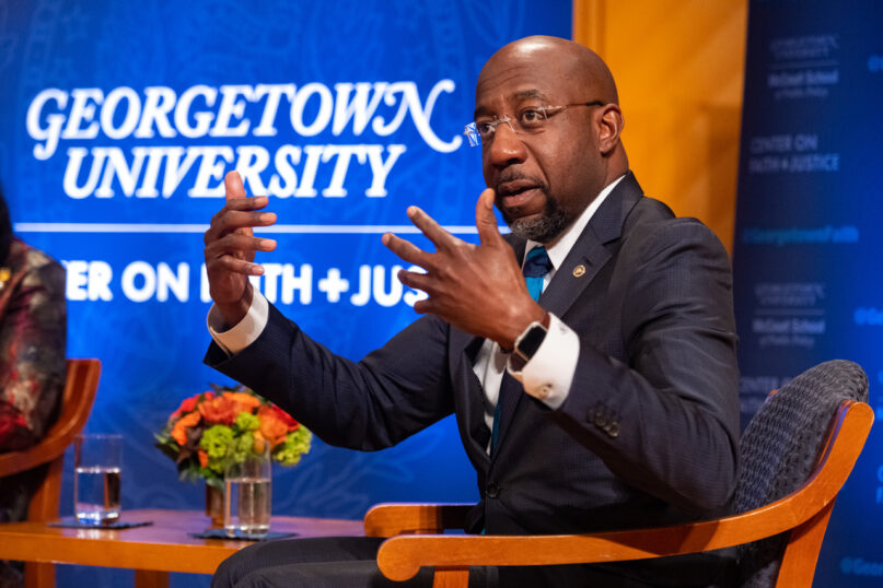 U.S. Sen. Raphael Warnock of Georgia speaks during the Center on Faith and Justice launch event at Gerogetown University, Nov. 17, 2021, in Washington. Photo by Phil Humnicky/Georgetown University