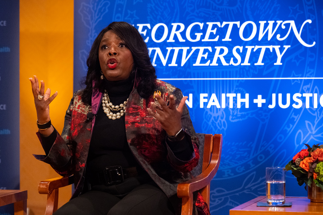 Alabama congresswoman Terri Sewel speaks during the Center for Faith and Justice launch event at Gerogetown University, Wednesday, Nov. 17, 2021, in Washington. Photo by Phil Humnicky/Georgetown Univ.