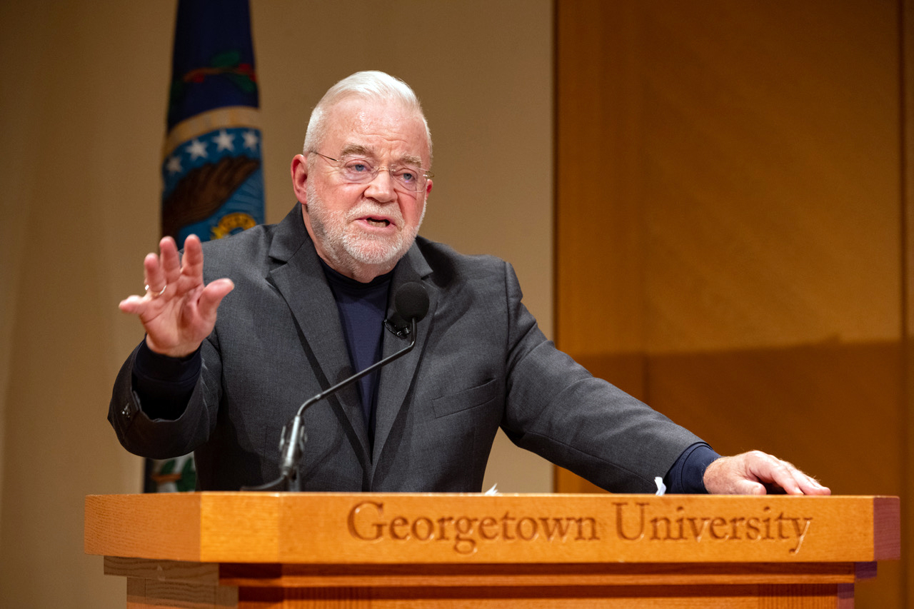 The Rev. Jim Wallis addresses the Center for Faith and Justice launch event at Gerogetown University, Wednesday, Nov. 17, 2021, in Washington. Photo by Phil Humnicky/Georgetown Univ.