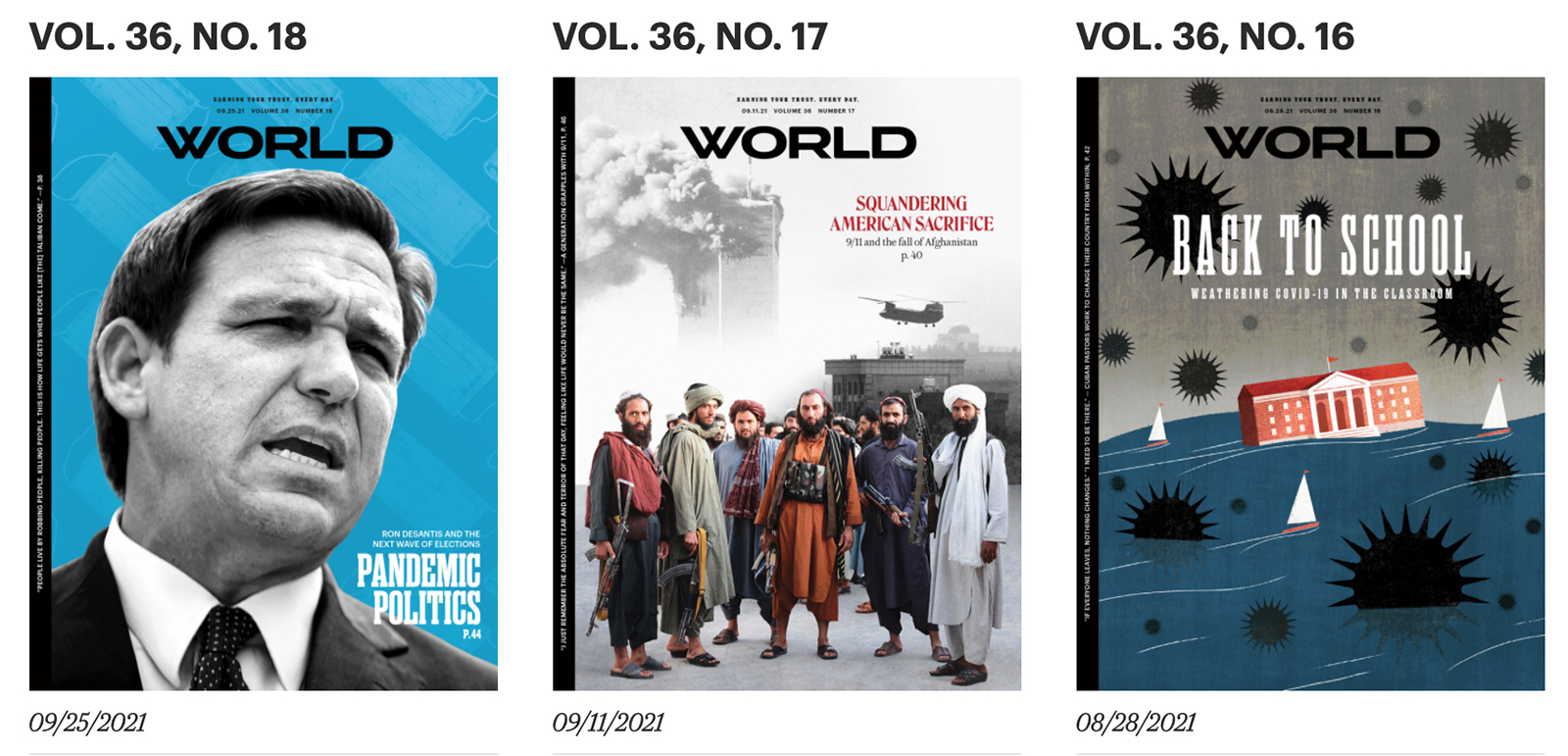 A variety of recent World Magazine covers. Screengrab