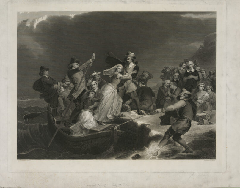 An 1869 engraved painting portraying the arrival of Pilgrims landing on Plymouth Rock in 1620. Engraving by Joseph Andrews, painting by Peter Frederick Rothermel. Image courtesy of the Library of Congress, Prints & Photographs Division, LC-DIG-pga-00035