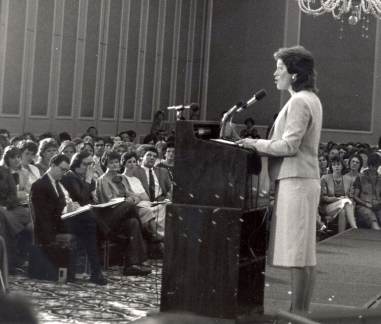 Theologian Molly Marshall preaching at the Southern Baptist Women in Ministry meeting, June 9, 1985. (Baptist Women in Ministry</span>, <a class=